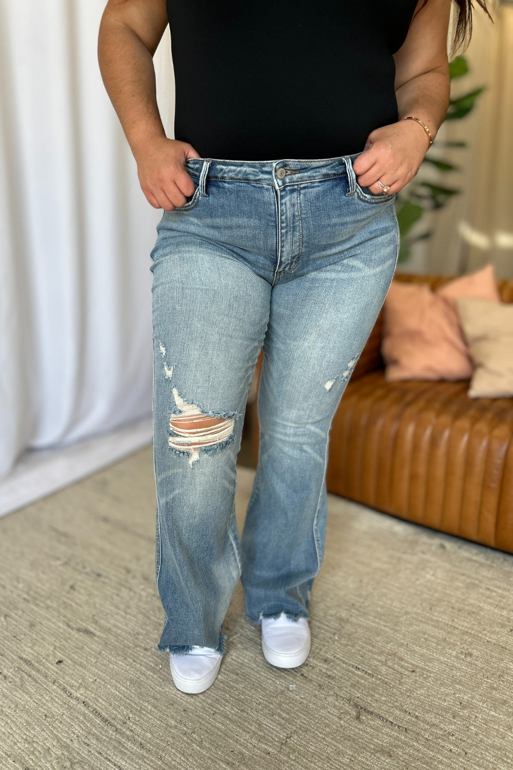Judy Blue Mid Rise Tummy Control Distressed Flare Leg Jeans #88594