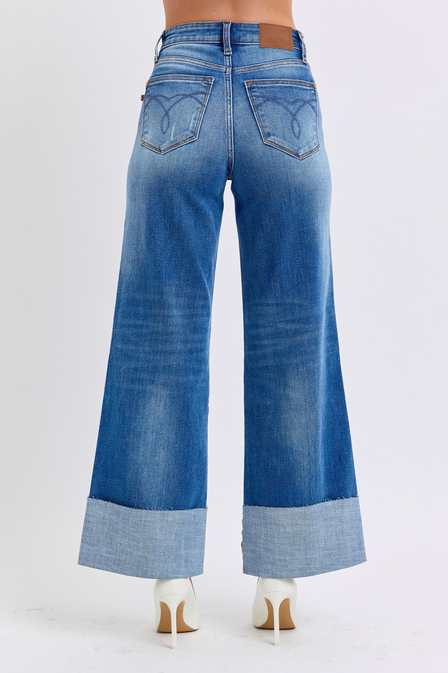 Judy Blue High Waist Medium Wash Retro Wide Leg w/ Cuff Jeans #82636