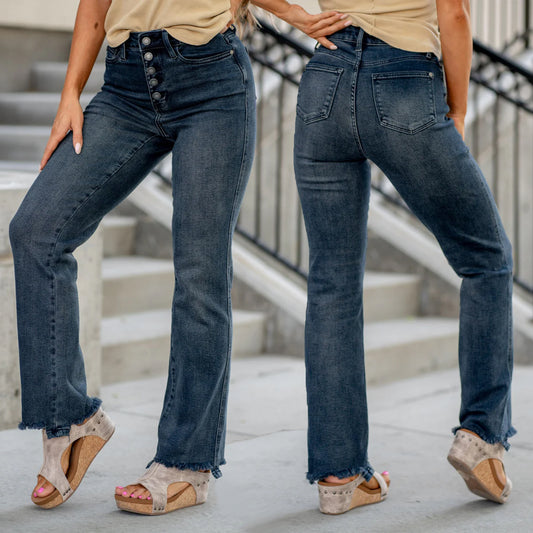 Judy Blue High Waist Button Fly Destroy Hem Straight Leg Jeans #88912