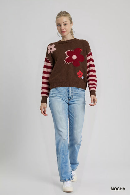 Umgee Flower Jacquard Striped Long Sleeve Sweater