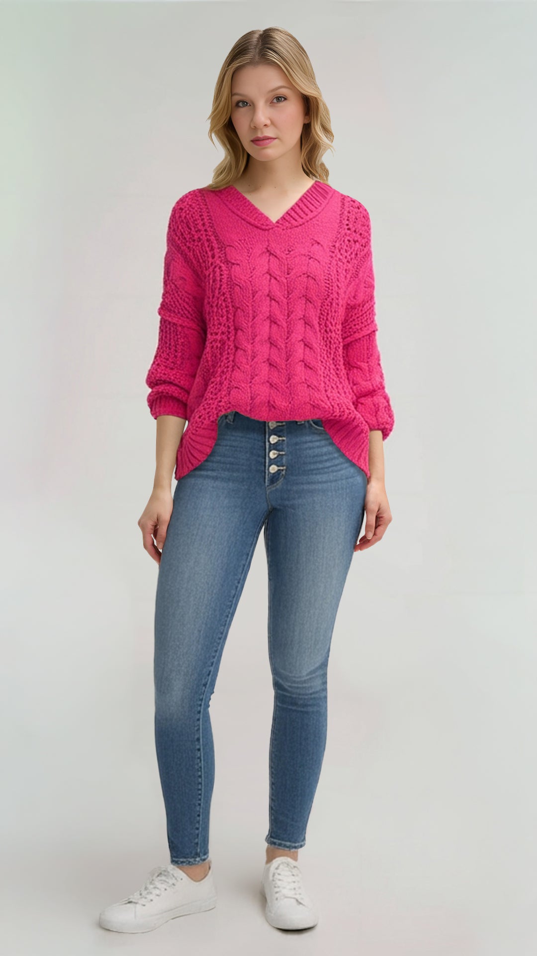 POL Cable-Knit Solid V-Neck Cropped Sweater