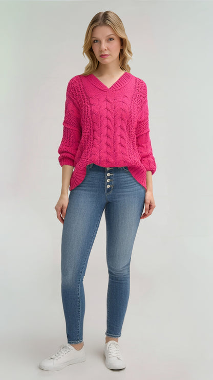 POL Cable-Knit Solid V-Neck Cropped Sweater