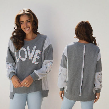 Floral LOVE Reverse Seam Patchwork Long Sleeve Sweatshirt