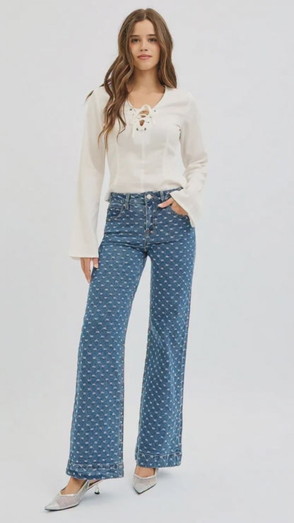 RISEN High Rise Wide Leg Bow Embroidered Jeans