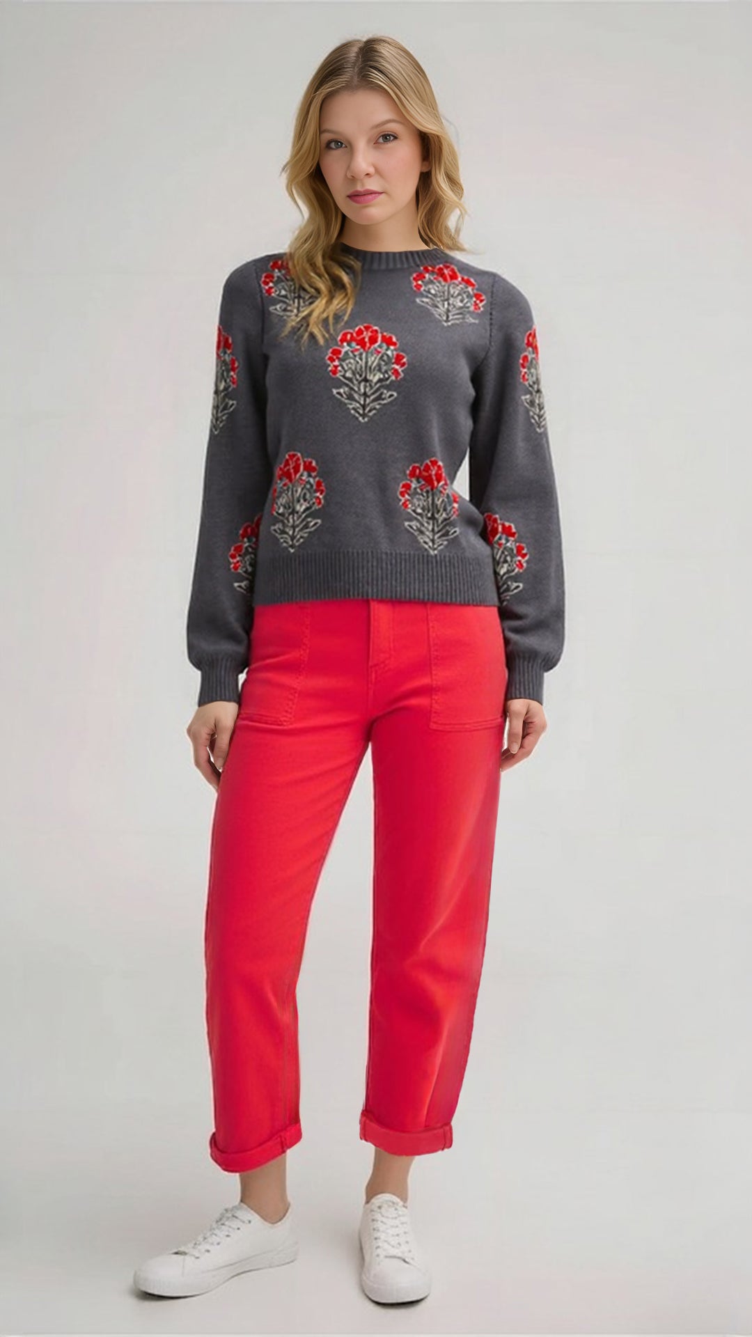 Umgee Single Flower Stem Jacquard Sweater